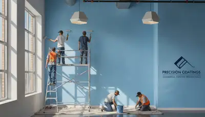 Commercial painting crew in Stockton, CA applying durable exterior coating to a business building