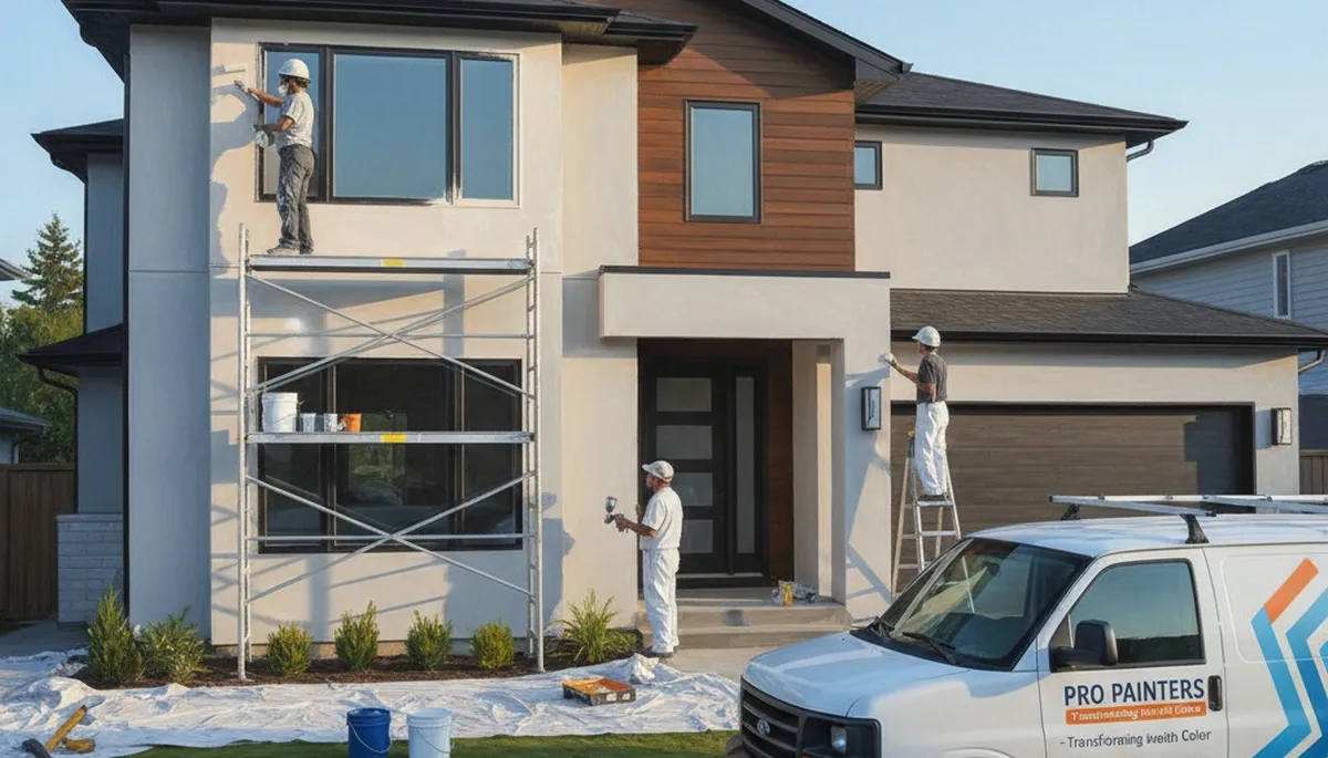 Stockton, CA house painter applying exterior coating on a residential home