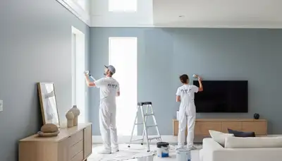 Interior house painters in Stockton, CA applying smooth, careful paint finishes in a home interior