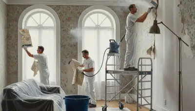 Stockton, CA painters removing wallpaper and prepping walls for a smooth finish