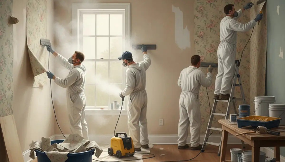 Wallpaper removal service in Stockton, CA by Stockton Paint Pros preparing walls for painting